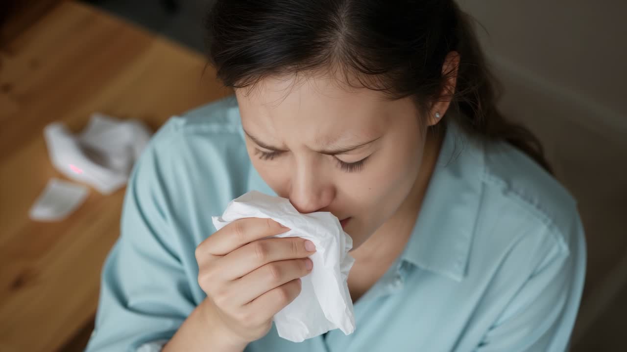 Having congestion, woman in blue shirt blowing nose at home table, reaching tissue clearing sinuses