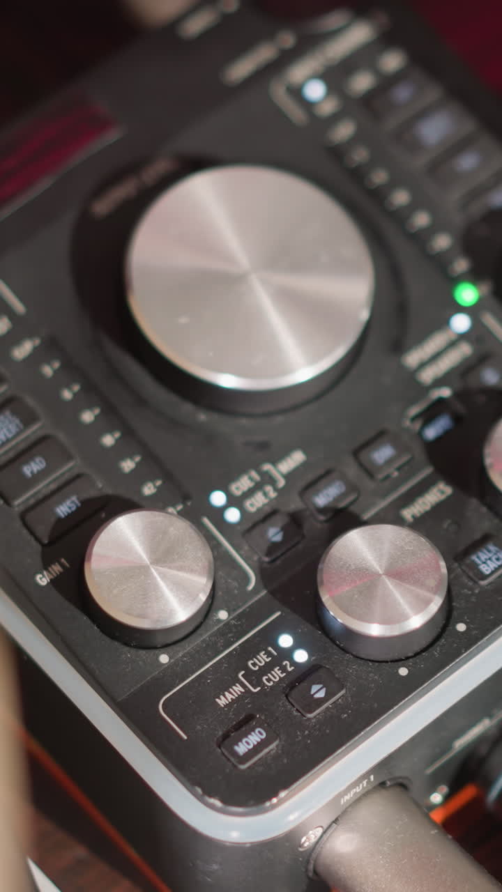 toma de primer plano de un mezclador de sonido en una mesa en un estudio de grabación, con varias perillas y diales visibles para controlar los niveles de audio. enfatizando su uso en la producción de audio profesional
