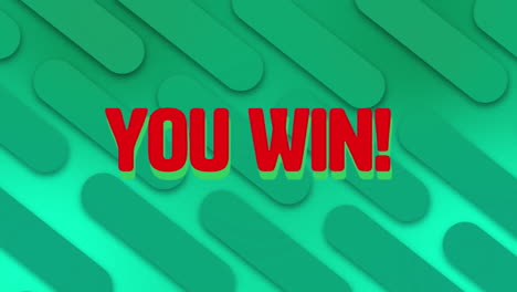 animation of you win text banner over 3d lines moving in seamless pattern on green background