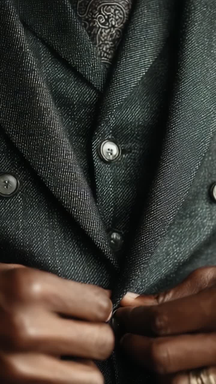 Primo piano di una giacca da completo elegante che viene abbottonata, con una cravatta a fantasia alla moda sotto, che riflette raffinatezza e classe.