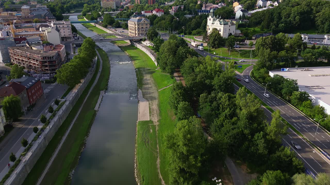 Ostrava city road bypass and River Ostravice landscape establishing shot