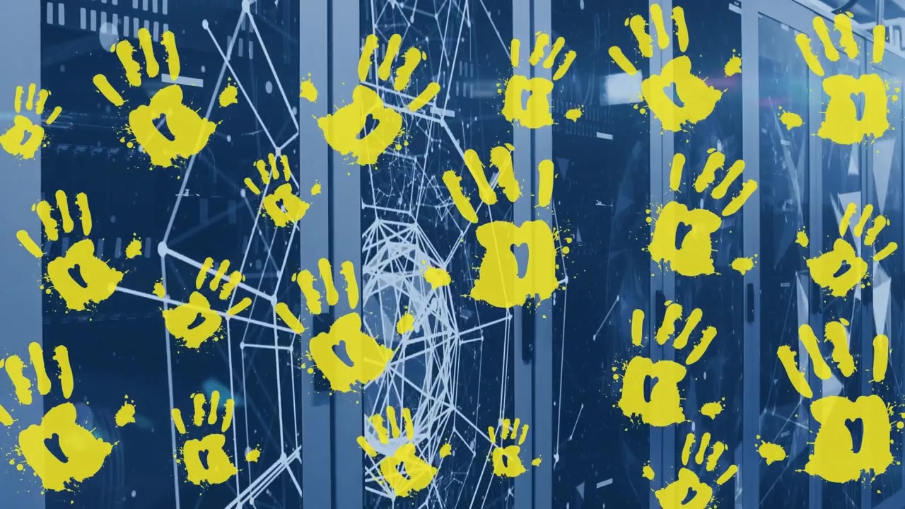 Animazione di una rete di connessioni con impronte di mani gialle ed elaborazione dati.