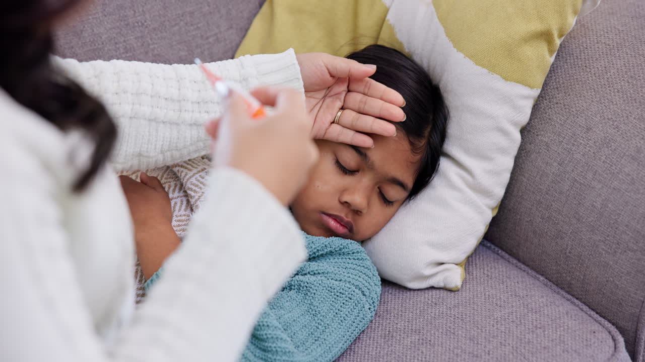 Niño pequeño enfermo, con fiebre y tocándose la cabeza