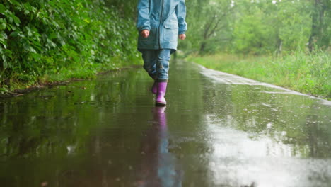 a girl in a blue raincoat and purple boots walks through a puddle on a wet path.