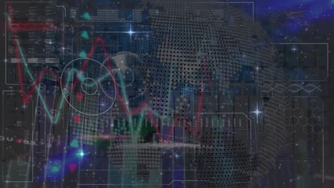 animation of financial graphs, world map and data in navy digital space