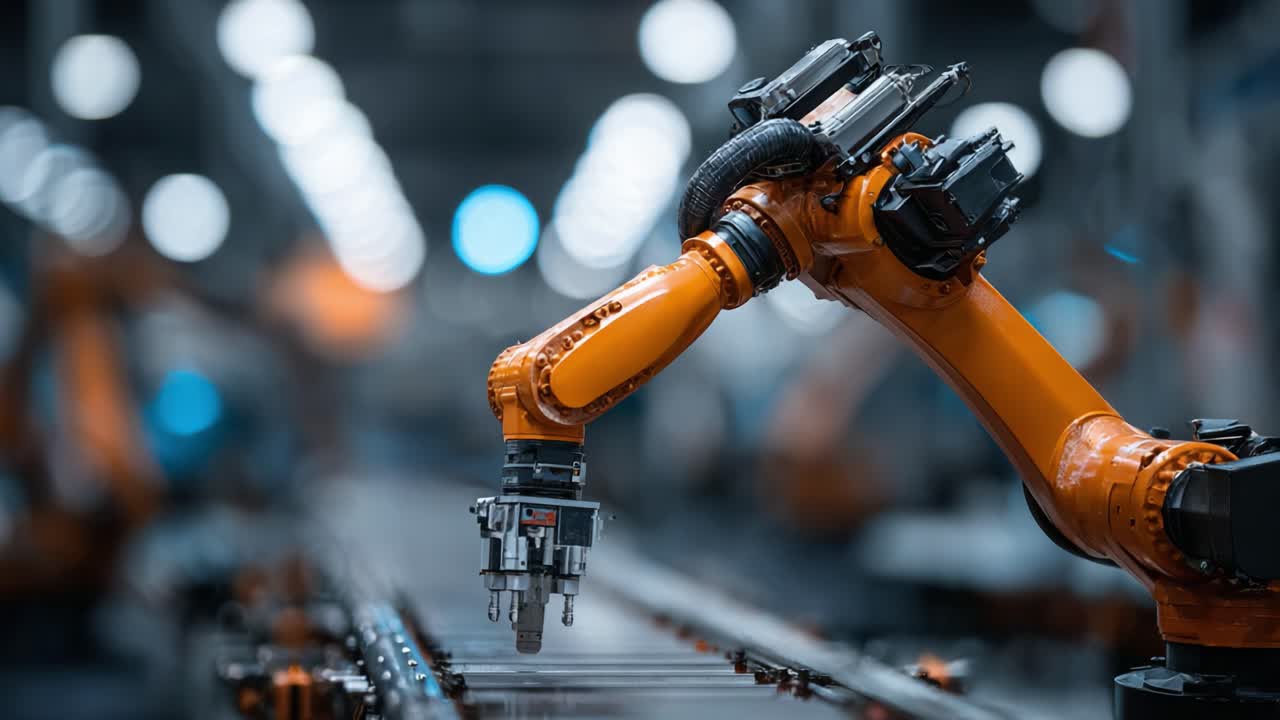 High-Tech Robotic Arm in Automated Industrial Setting: Precision Engineering and Efficiency in a Modern Manufacturing Environment