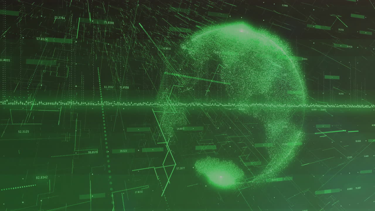 Digital globe and data points animation over green background with network connections