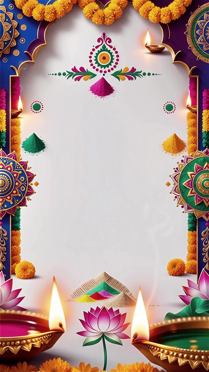 Sfondo Diwali con Diyas luminosi, Rangoli e fiori di loto