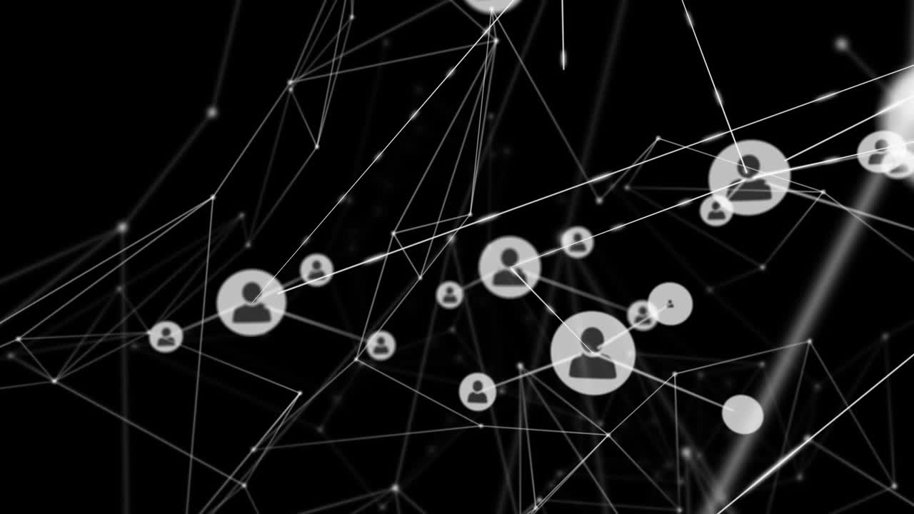 animación de la red de conexiones y iconos de perfil contra un fondo negro.