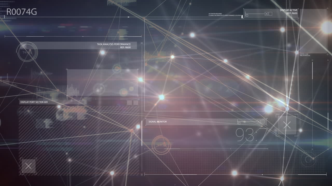 검은색 배경에 데이터 처리 및 연결 네트워크의 애니메이션