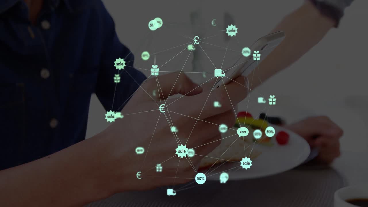스마트폰을 사용하는 남성들에 대한 아이콘과 연결 네트워크의 애니메이션