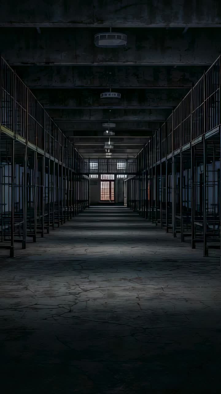 Vertical video: Starting fixed camera filming empty prison hall with bunks and bars, showing decay