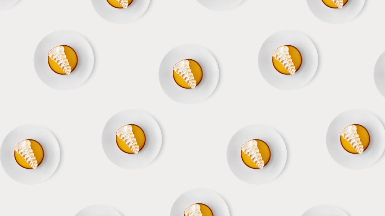 animated seamless pattern with many yellow round pastries with white milk cream on a plate isolated on a bright white background, top view