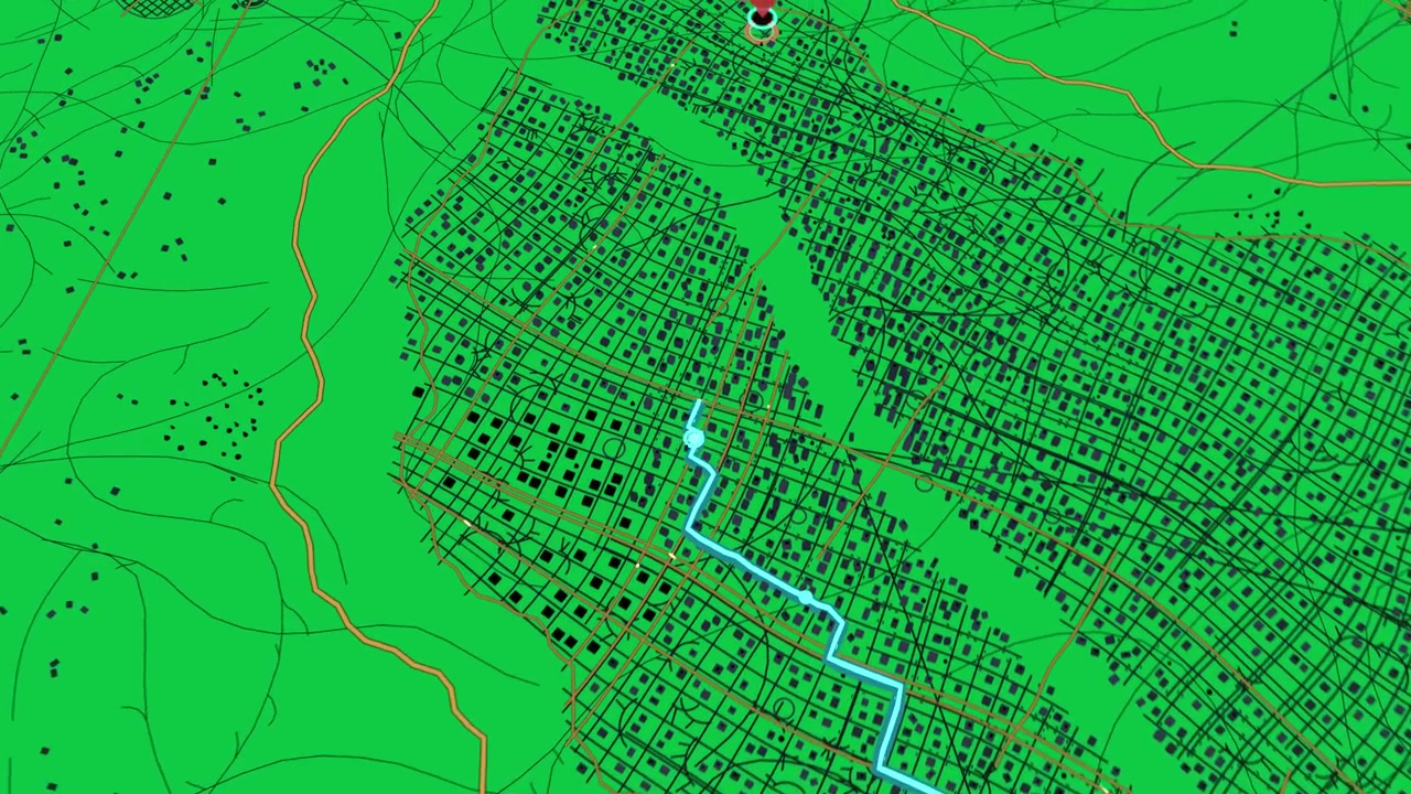 cyan route drawing from dot appearing, agent moving along grid reaching red pin on transparent map