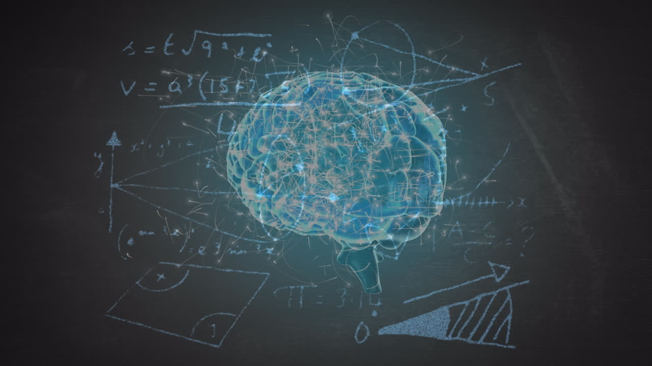 Animation of rotating brain and math formulas on navy background