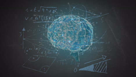 animación de cerebro giratorio y fórmulas matemáticas en el fondo de la marina