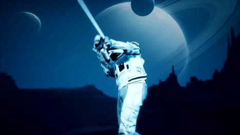 un astronauta de investigación juega al golf en un planeta alienígena deshabitado. animación para fantasía, futuristas o fondos de viajes espaciales.