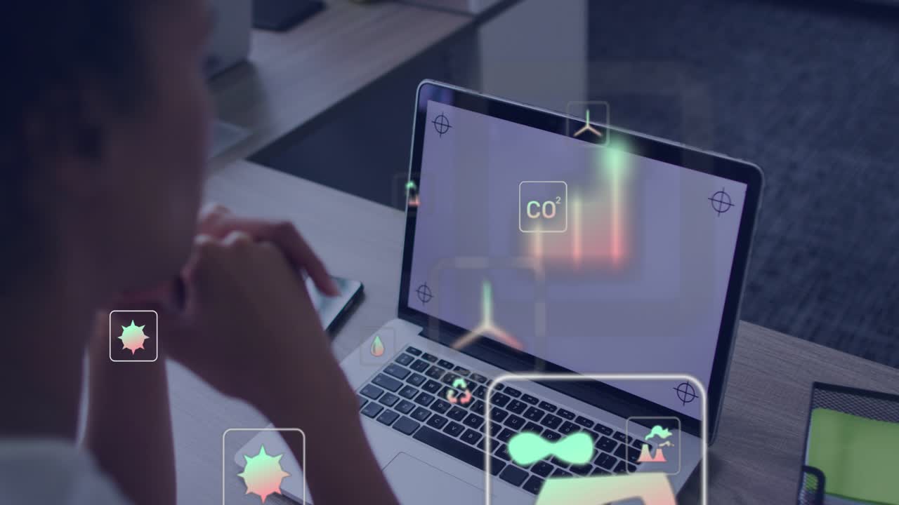 Woman watching laptop, blank screen starting tech icons moving onto keyboard, visualizing CO data