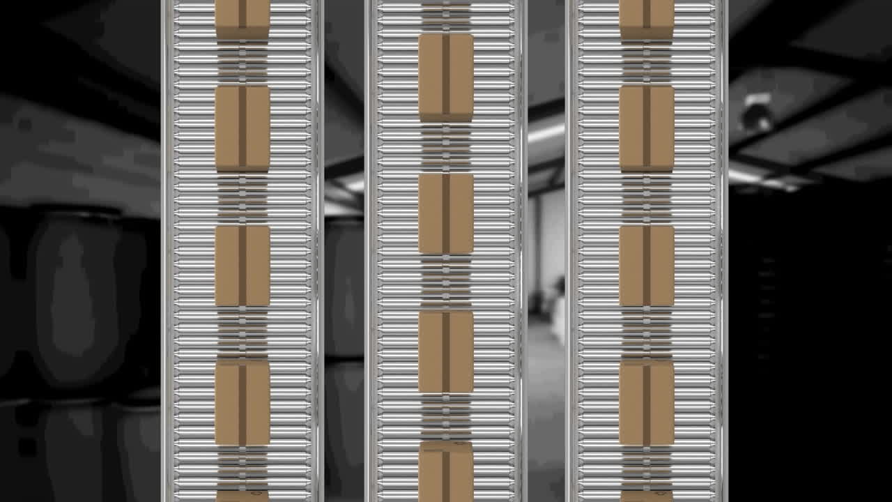 animación de cajas de cartón que se mueven en cintas transportadoras sobre el almacén