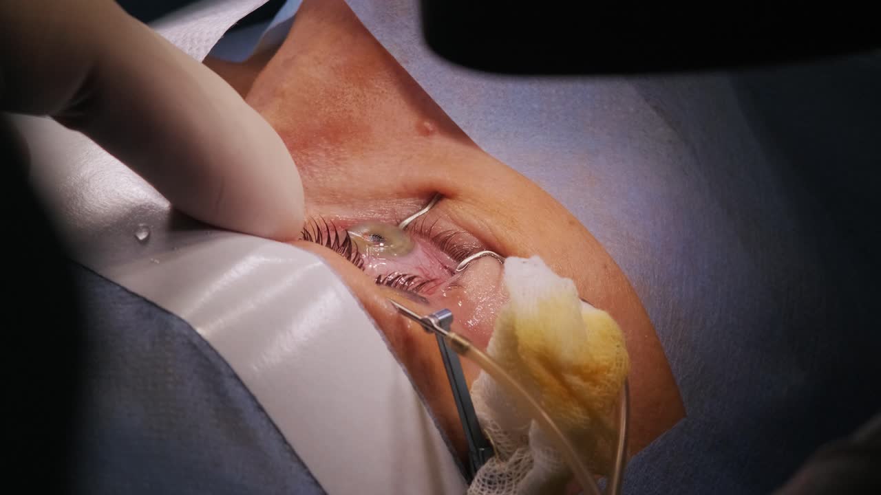 레이저 시력 교정: 안과 수술 중에 수술실에 있는 환자와 수술팀; 눈꺼풀 스럼; 라식 치료; 불임 개 아래의 환자