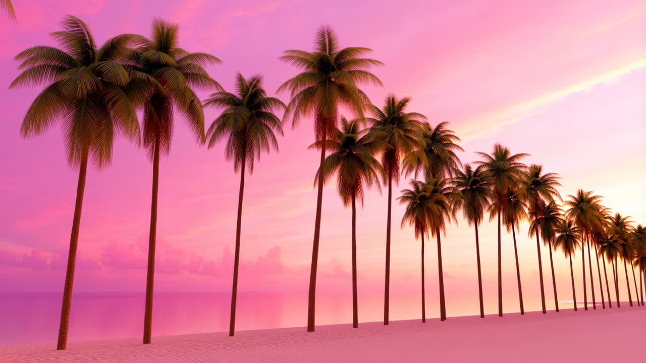 Tropical Palm Trees on a Pink and Purple Sunset Beach