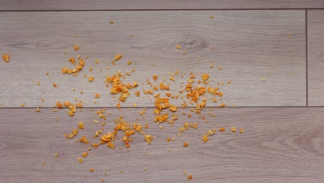 orange crumbs on light brown wooden floor