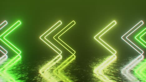 Bright neon arrows on a metal surface indicate the direction of movement. Abstract laser background. Seamless loop 3d render