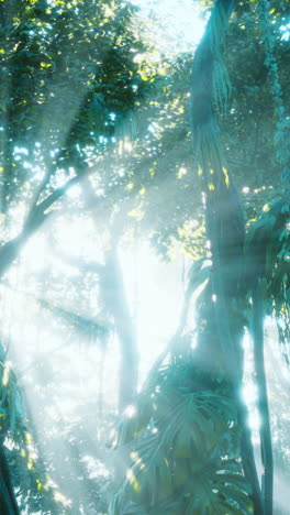 sunbeams through a lush tropical jungle