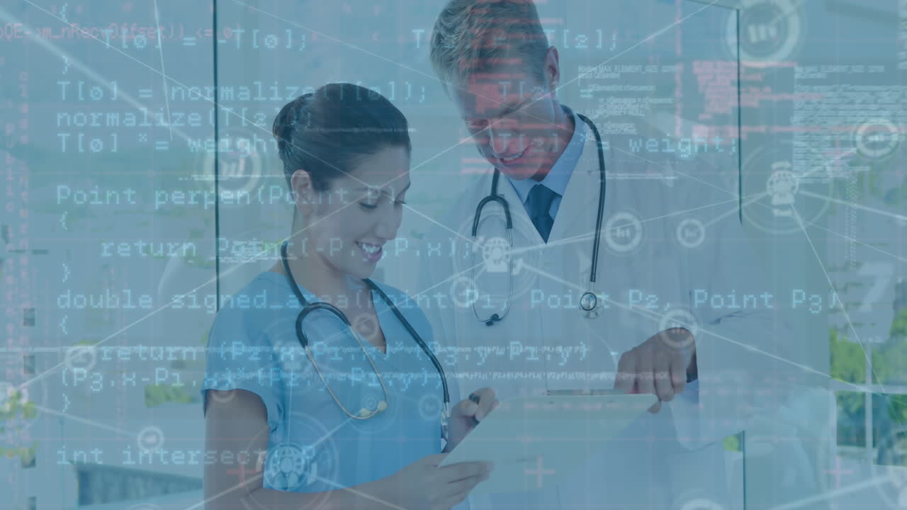 animación de iconos conectados y lenguaje informático sobre diversos médicos discutiendo informes de pacientes