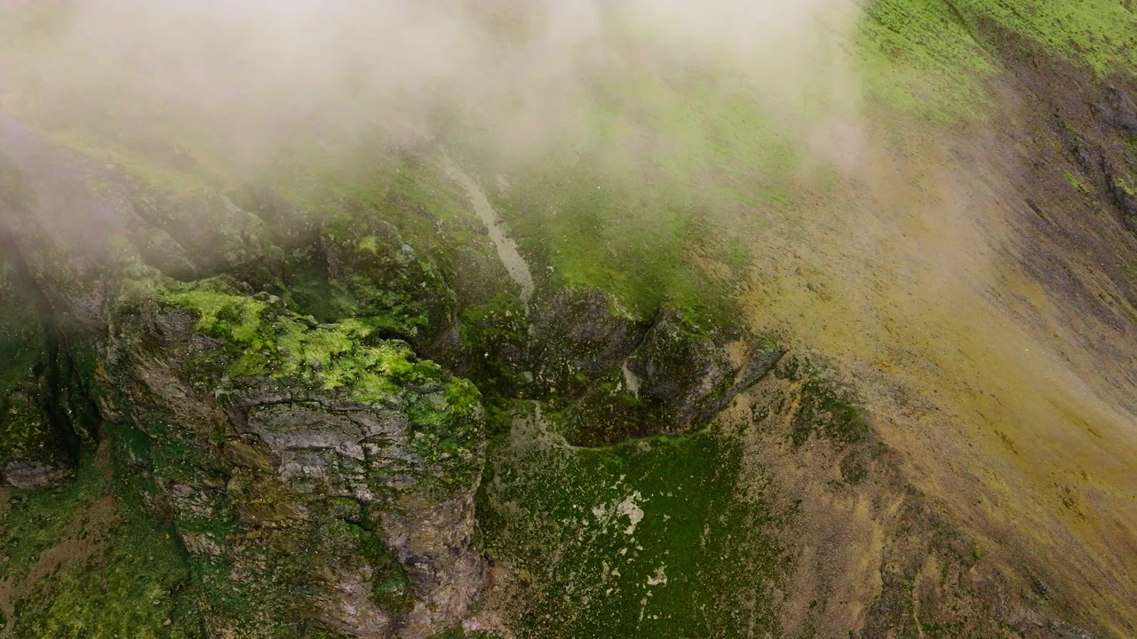 Vista aérea cenital y melancólica a través de la niebla de aves marinas volando alrededor de acantilados