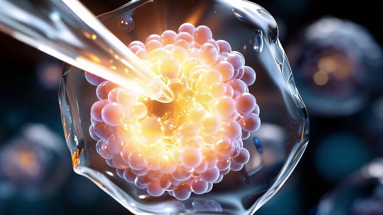 Visualização Microscópica da Manipulação Celular: Uma Visão Detalhada da Interação Entre uma Pipeta e uma Célula, Apresentando Processos Biológicos Intrincados