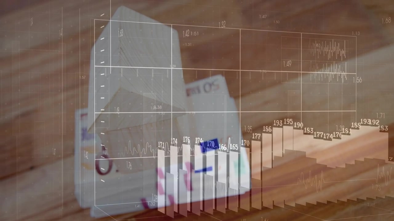 Aparece una superposición de cuadrícula, un gráfico de barras 3D crece sobre fajos de billetes de euro, visualizando las tendencias del mercado.