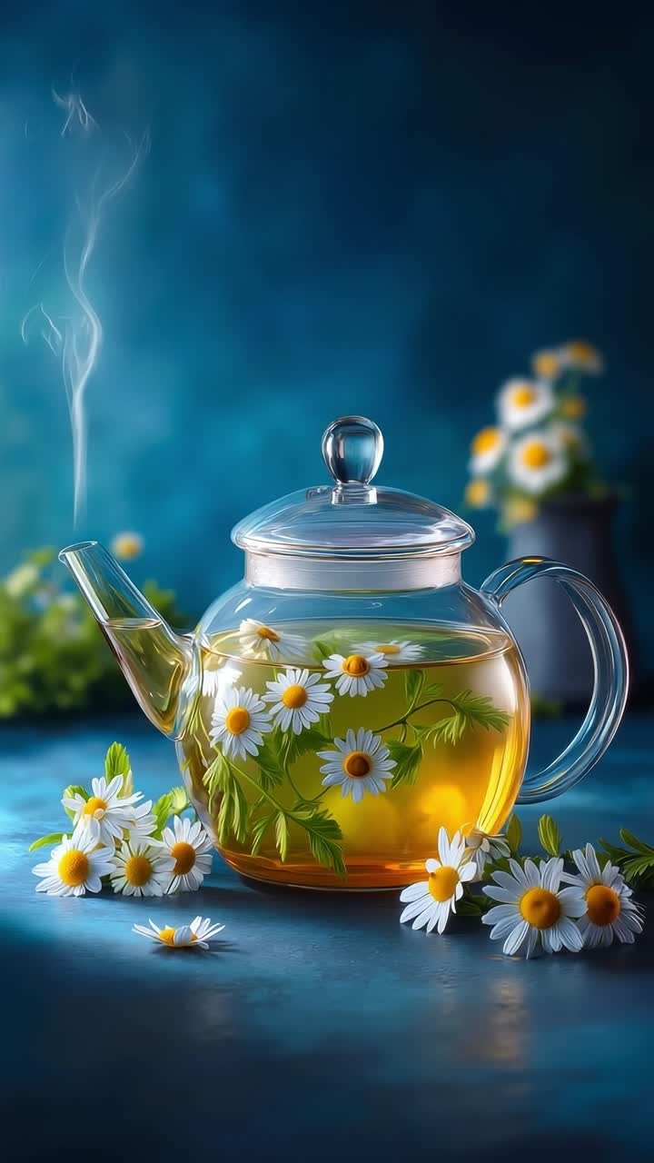A teapot filled with green tea and daisies on a blue table