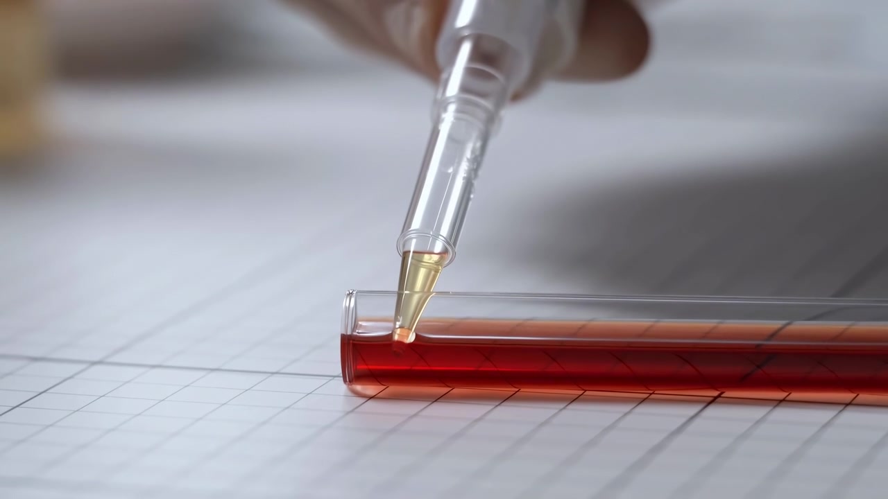 Scena di laboratorio in primo piano con una pipetta trasparente che aleggia sopra una piccola provetta di vetro riempita di liquido rosso su una superficie a griglia chiara sotto una luce brillante