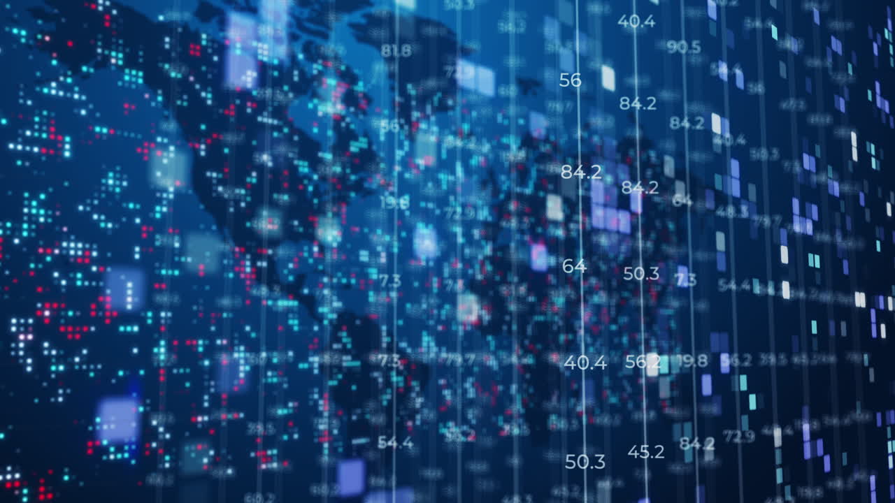 World map with financial chart concept. Blinking red pixels and dots on the blue screen. Grid of changing numbers and lines. Looped motion graphics.