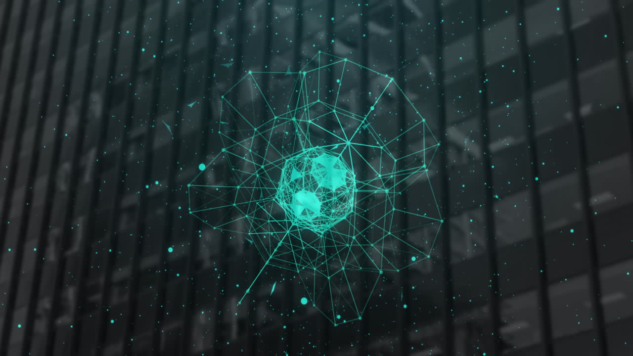 Globe of network of connections spinning against modern building