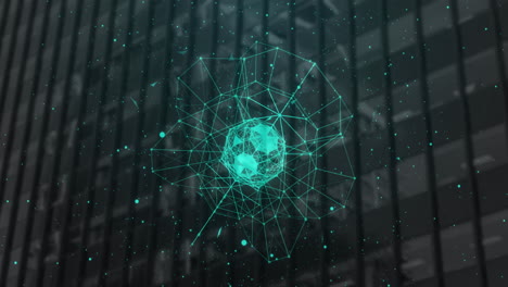 globo di reti di connessioni che ruotano contro l'edificio moderno