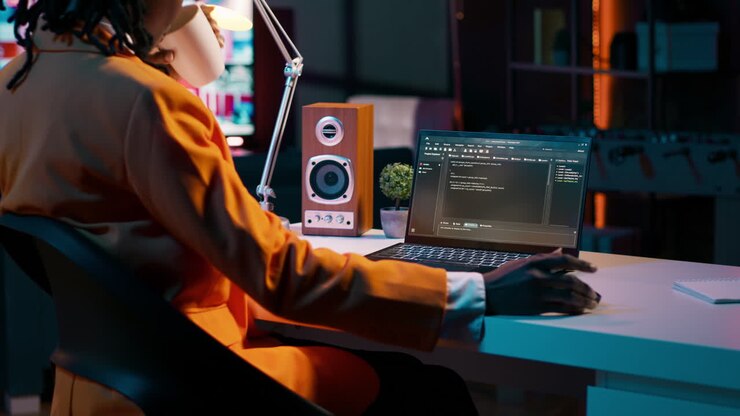 African american it specialist working with coding language and infographics