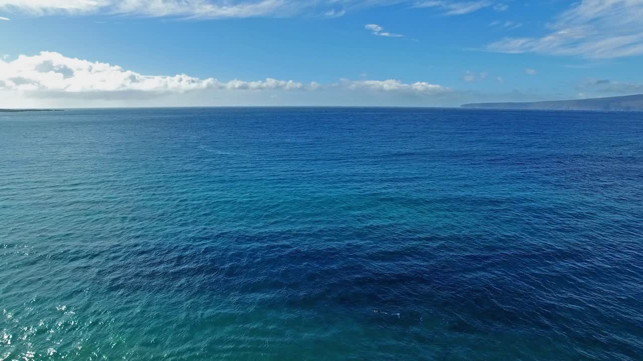 아름다운 푸른 물과 땅을 배경으로 마우이 하와이에서 스노클러의 패닝 공중 샷