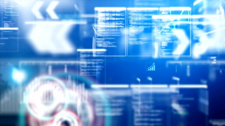 Abstrakt baggrund med flyvende partikelbelysning til et futuristisk cyberteknologi-koncept over mørk baggrund med kornet effekt.