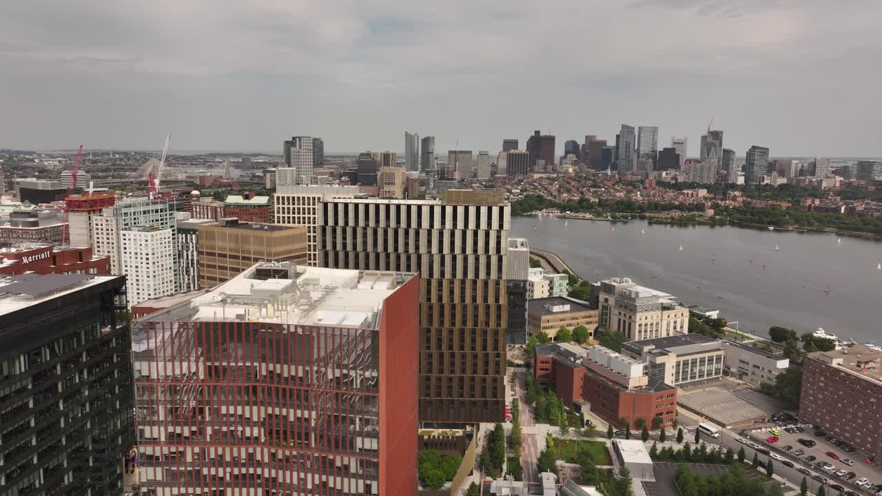 Drone aerial footage of Cambridge MA skyline paralax