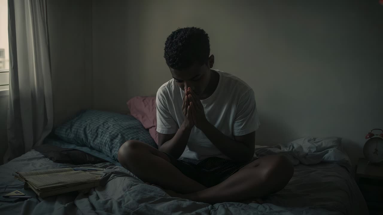 Mani giunte in una pausa, adolescente che alza la testa e parla dal letto alla telecamera vicino a dei fogli, con una t-shirt