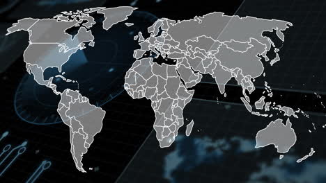 world map with country borders, data processing animation over grid background