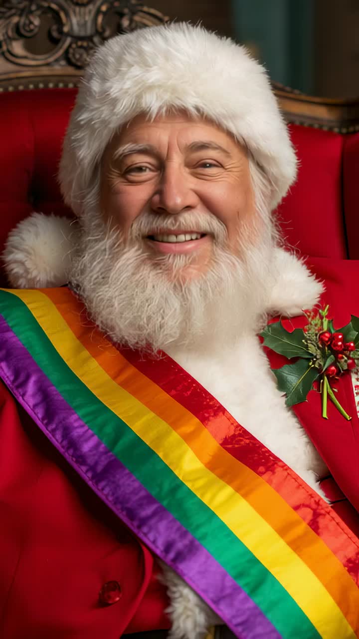 Vertical video: Rolling camera Santa greeting, pausing, smiling in suit at chair with rainbow sash