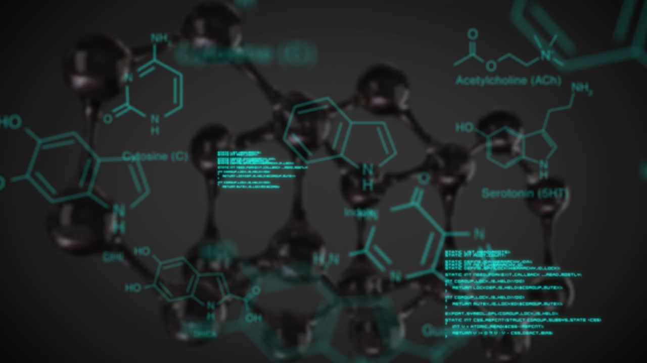분자 구조 위에 빛나는 텍스트와 데이터