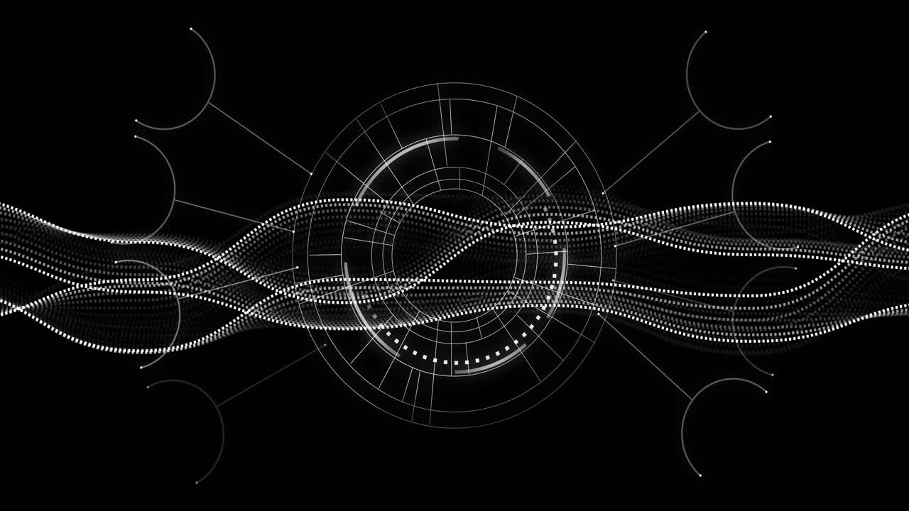 Floating central circular HUD interface over flowing dotted wave, with gridlines and semicircles