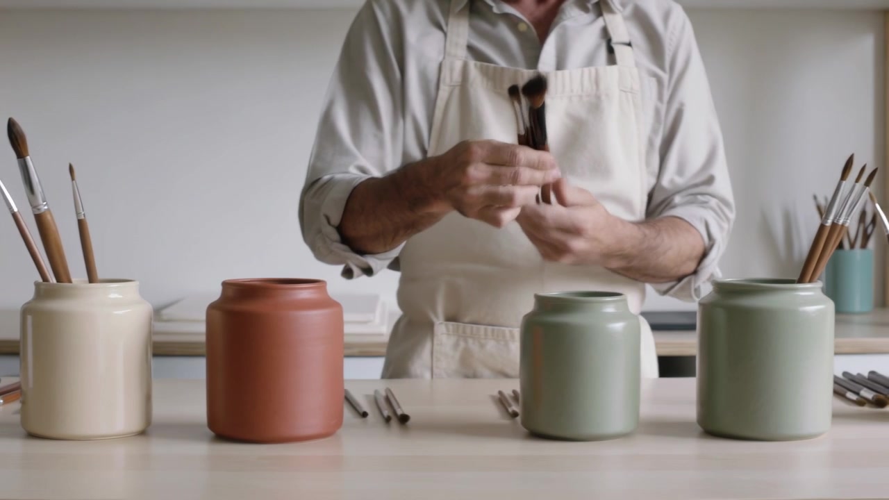 Artista de avental pegando no pote de creme, selecionando um pincel, organizando pincéis para pintar na bancada de trabalho