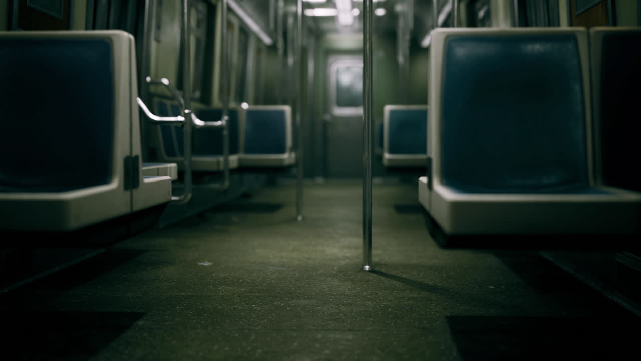 Abandoned subway train interior with empty seats and dim lighting
