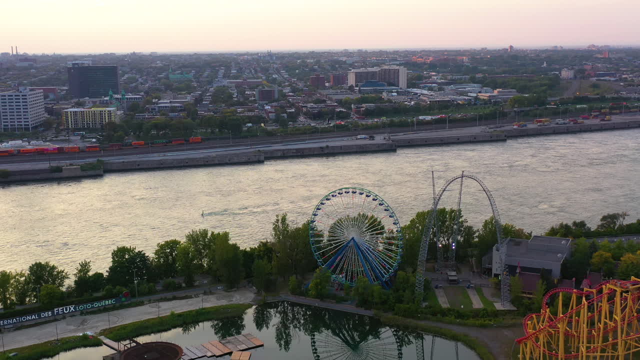 Aerial view over the La Ronde amusement park Ferris wheel, dusk in Montreal
