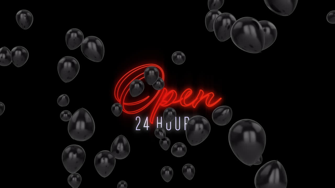Animation of text open 24 hours, in red neon and white, with black balloons, on black background